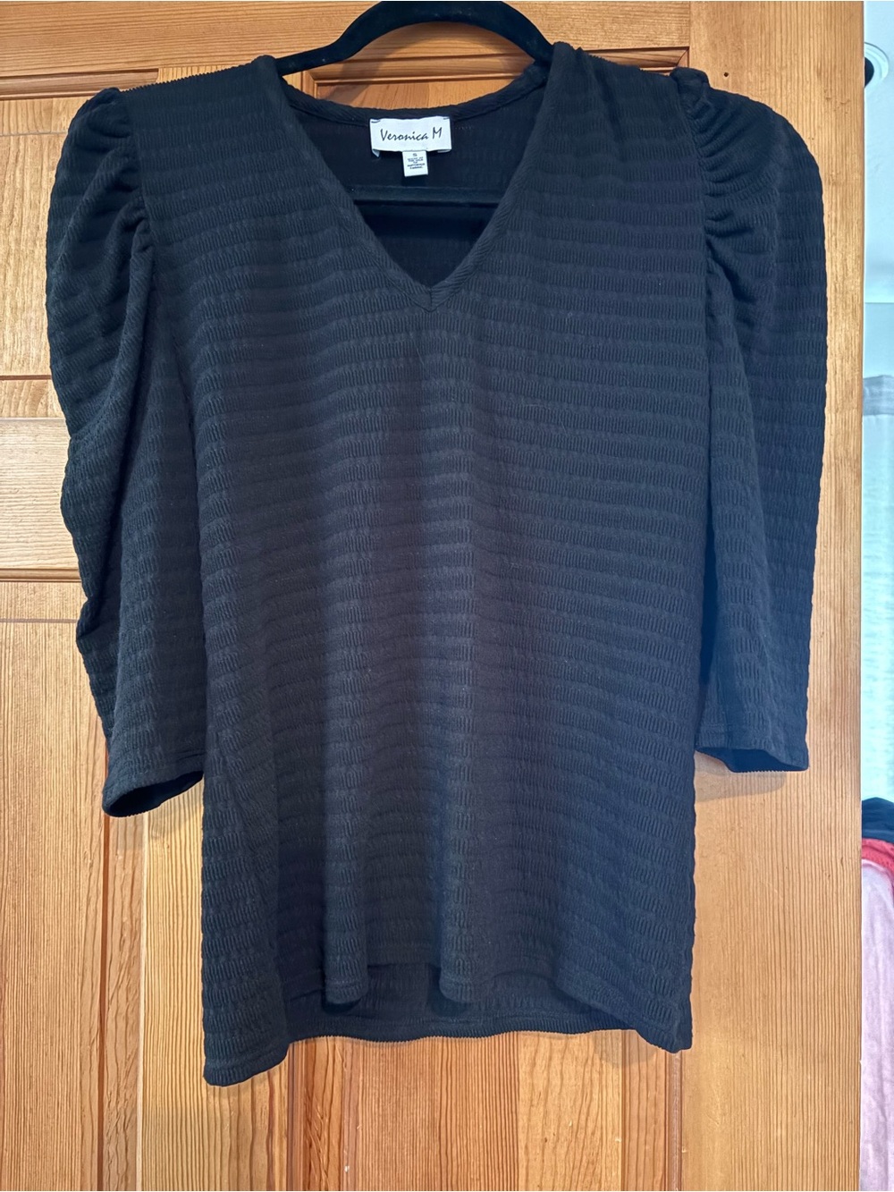 Veronica M Black Ribbed V-Neck Puff 3/4Sleeve Top